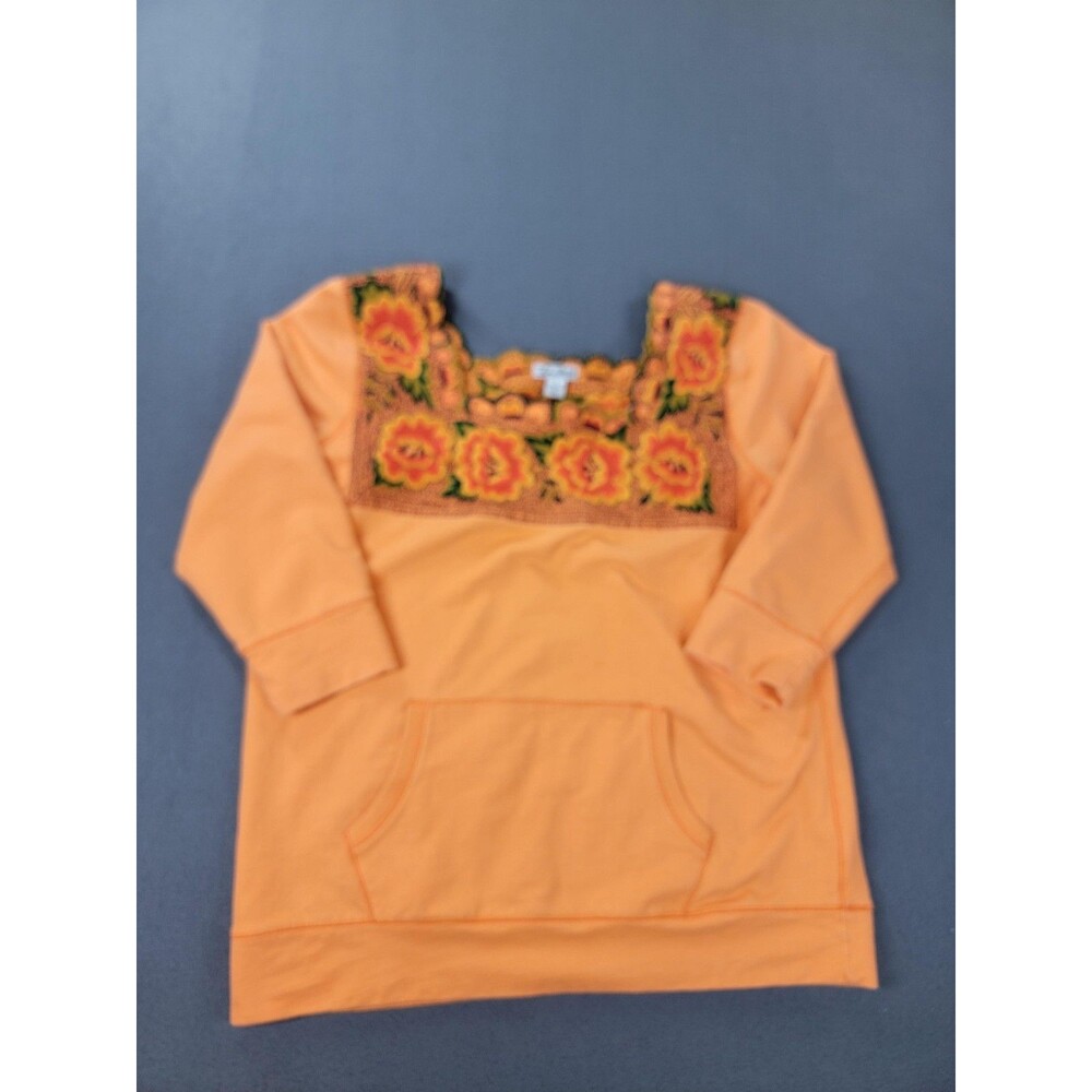 Lucky Brand Sweatshirt Womens XL Orange Embroidered Floral Square‎ Neck Boho